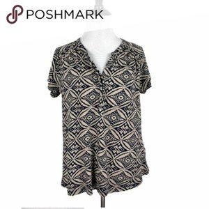Lucky Brand Ikat Print Short Sleeve Top V-Neck S